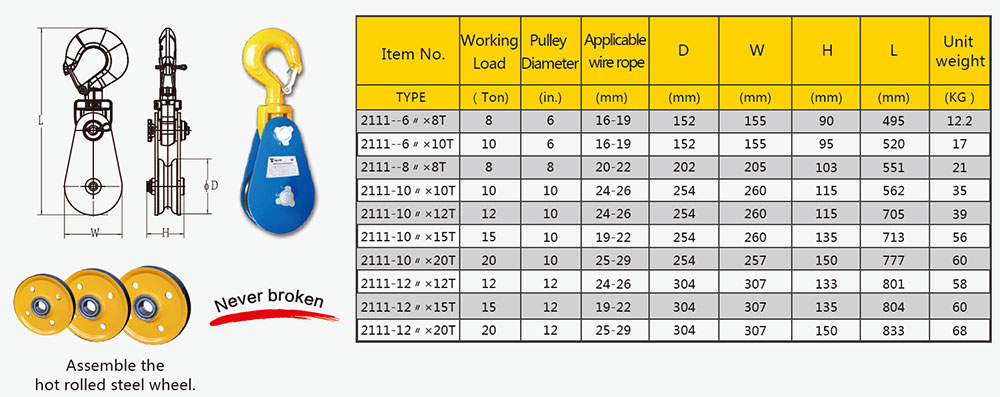 Heavy Duty Snatch Block with Hook (Hot-rolled steel sheave)